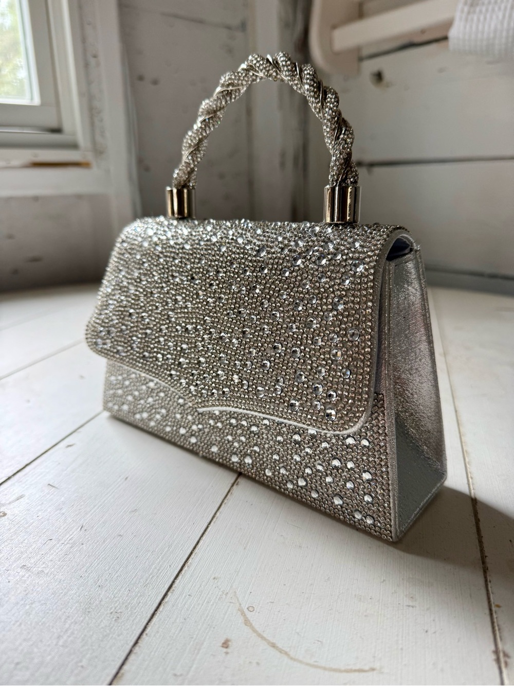 Silver Glitter Evening Bag with Handle and Chain. Used Once at My Wedding.